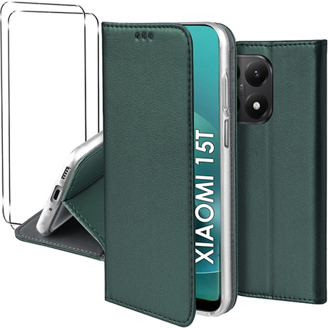 Etui do Xiaomi 15T skórzane magnetyczne z klapką + 2x SZKŁO HARTOWANE