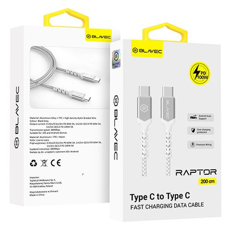 KABEL Blavec USB-C TYPE-C 100W 5A USB-C TYP C PD do Apple CarPlay Android Auto SZYBKI 2M