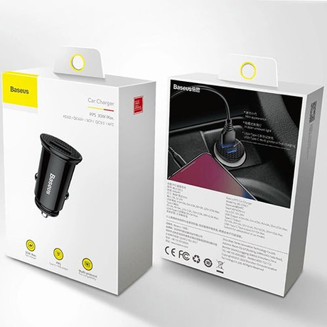 BASEUS ŁADOWARKA SAMOCHODOWA USB USB-C SZYBKIE ŁADOWANIE 30W PD QC SCP LED