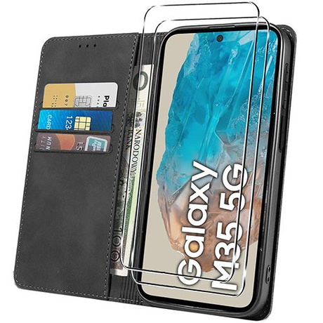 Etui do Samsung Galaxy M35 5G Skórzane Magnetyczne + 2x SZKŁO HARTOWANE 9H