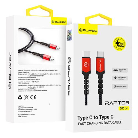 KABEL Blavec USB-C TYPE-C 100W 5A USB-C TYP C PD do Apple CarPlay Android Auto SZYBKI 2M
