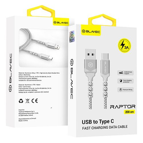 KABEL Blavec USB USB-C TYP C 60W 3A CarPlay Android Auto SZYBKI W OPLOCIE 2M
