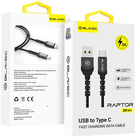 KABEL Blavec USB USB-C TYP C 60W 3A CarPlay Android Auto SZYBKI W OPLOCIE 2M