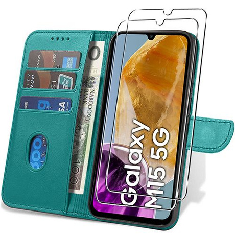 Etui do Samsung Galaxy M15 5G SKÓRZANE portfel SKIN + 2x SZKŁO 9H