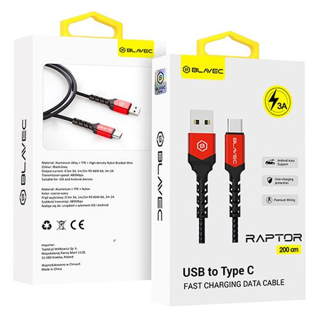 KABEL Blavec USB USB-C TYP C 60W 3A CarPlay Android Auto SZYBKI W OPLOCIE 2M