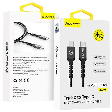 KABEL Blavec USB-C TYPE-C 100W 5A USB-C TYP C PD CarPlay Android Auto SZYBKI 2M
