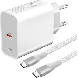 SZYBKA ŁADOWARKA SIECIOWA PD USB-C 30W 3A QC + KABEL USB-C 2M metry