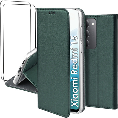 Etui do Xiaomi Redmi 15 4G / 5G skórzane magnetyczne z klapką + 2x SZKŁO HARTOWANE