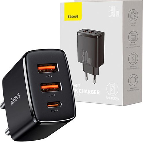 Ładowarka sieciowa Baseus 2xUSB-A USB-C QC 30W kostka do telefonu / tabletu