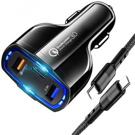 Ładowarka samochodowa 2x USB + USB-C uniwersalna QUICK CHARGE + KABEL USB-C