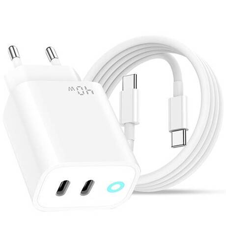 ZESTAW | SZYBKA ŁADOWARKA SIECIOWA GaN PD 40W 2xUSB-C + Kabel 2x USB - C